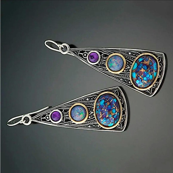 Vintage Handmade Boho Earrings, Silver Geometric - Picture 4 of 6